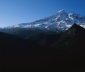 Preview wallpaper mountains, trees, top, peak, snow