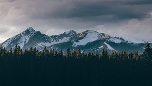 Preview wallpaper mountains, trees, tops, snow, sky