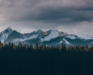 Preview wallpaper mountains, trees, tops, snow, sky