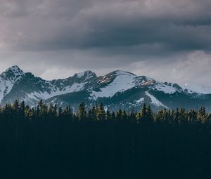 Preview wallpaper mountains, trees, tops, snow, sky