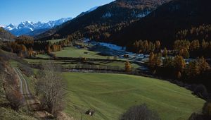 Preview wallpaper mountains, trees, tops, slopes, meadows, road, snow