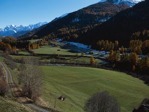 Preview wallpaper mountains, trees, tops, slopes, meadows, road, snow