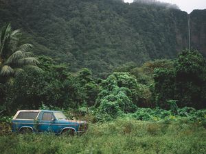 Preview wallpaper mountains, trees, travel, car