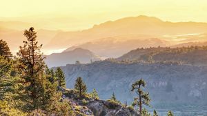 Preview wallpaper mountains, trees, twilight, landscape