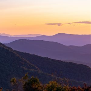 Preview wallpaper mountains, trees, twilight, landscape, aerial view