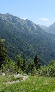 Preview wallpaper mountains, trees, valley, landscape, nature, forest, plants