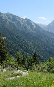 Preview wallpaper mountains, trees, valley, landscape, nature, forest, plants