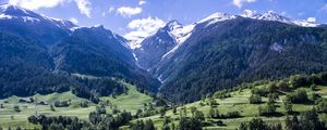 Preview wallpaper mountains, trees, valley, snow