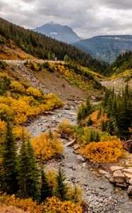 Preview wallpaper mountains, trees, valley, stream, autumn