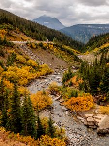 Preview wallpaper mountains, trees, valley, stream, autumn