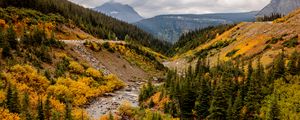 Preview wallpaper mountains, trees, valley, stream, autumn