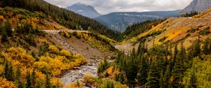 Preview wallpaper mountains, trees, valley, stream, autumn