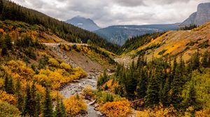 Preview wallpaper mountains, trees, valley, stream, autumn