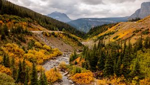 Preview wallpaper mountains, trees, valley, stream, autumn