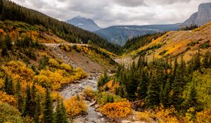 Preview wallpaper mountains, trees, valley, stream, autumn