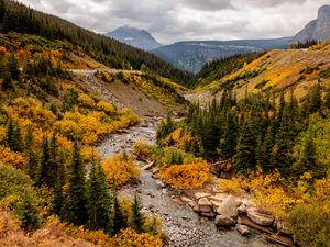 Preview wallpaper mountains, trees, valley, stream, autumn