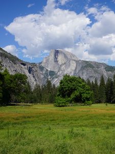 Preview wallpaper mountains, trees, valley, grass, landscape