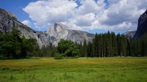 Preview wallpaper mountains, trees, valley, grass, landscape