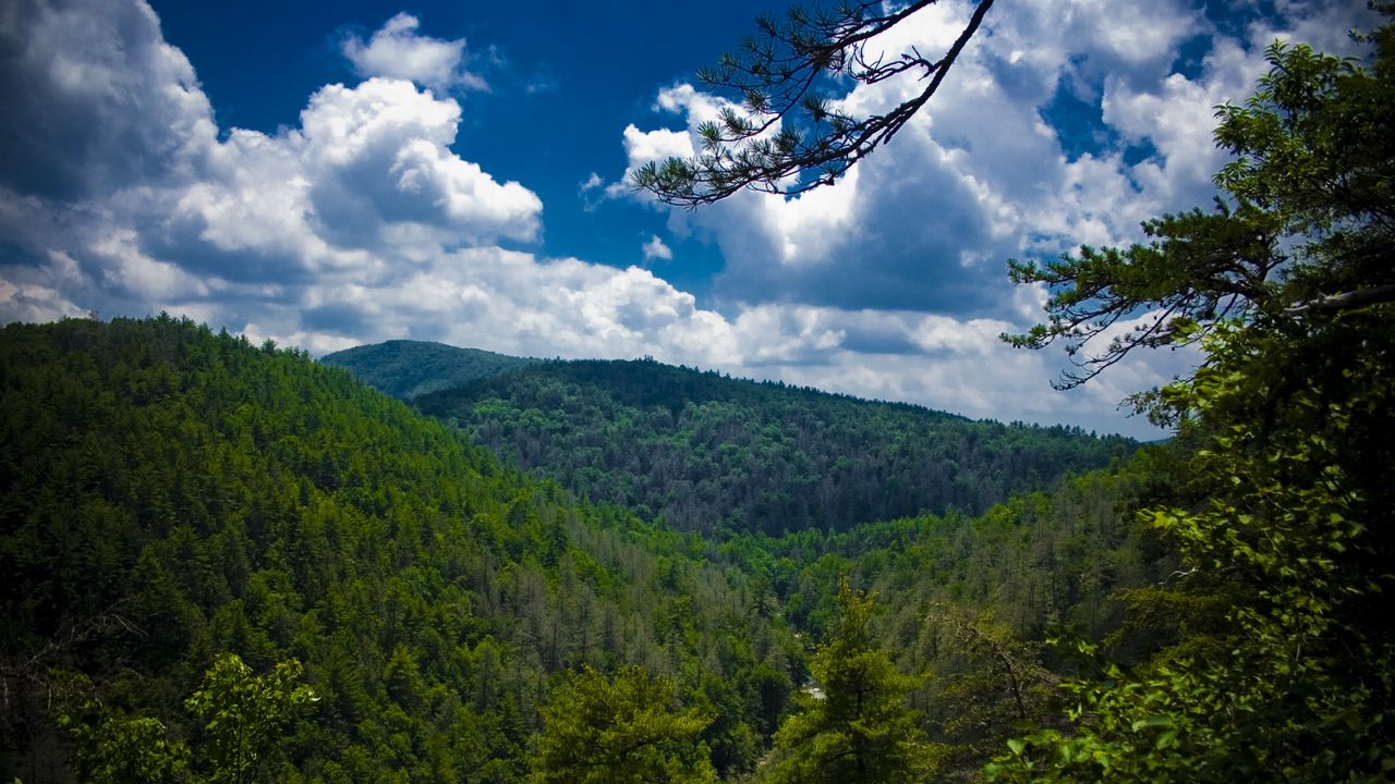 Wallpaper mountains, trees, view from above, sky, linvill falls, north carolina