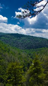 Preview wallpaper mountains, trees, view from above, sky, linvill falls, north carolina