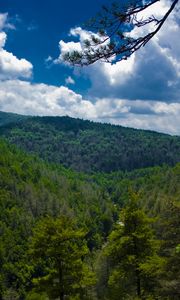 Preview wallpaper mountains, trees, view from above, sky, linvill falls, north carolina