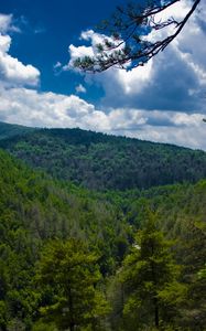 Preview wallpaper mountains, trees, view from above, sky, linvill falls, north carolina