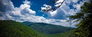 Preview wallpaper mountains, trees, view from above, sky, linvill falls, north carolina