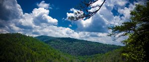 Preview wallpaper mountains, trees, view from above, sky, linvill falls, north carolina