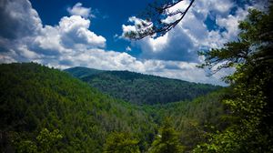 Preview wallpaper mountains, trees, view from above, sky, linvill falls, north carolina