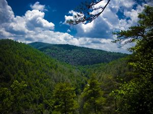 Preview wallpaper mountains, trees, view from above, sky, linvill falls, north carolina