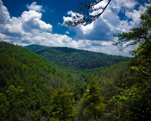 Preview wallpaper mountains, trees, view from above, sky, linvill falls, north carolina