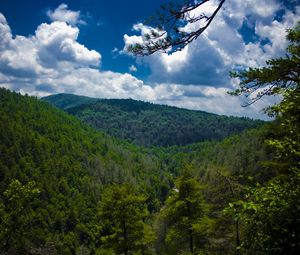 Preview wallpaper mountains, trees, view from above, sky, linvill falls, north carolina