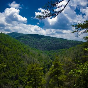 Preview wallpaper mountains, trees, view from above, sky, linvill falls, north carolina