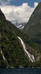 Preview wallpaper mountains, trees, waterfall, clouds