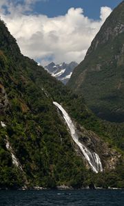 Preview wallpaper mountains, trees, waterfall, clouds