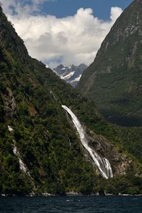 Preview wallpaper mountains, trees, waterfall, clouds