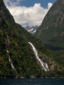 Preview wallpaper mountains, trees, waterfall, clouds