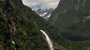 Preview wallpaper mountains, trees, waterfall, clouds