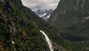 Preview wallpaper mountains, trees, waterfall, clouds