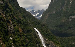 Preview wallpaper mountains, trees, waterfall, clouds