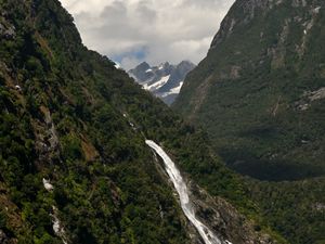 Preview wallpaper mountains, trees, waterfall, clouds