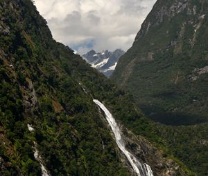 Preview wallpaper mountains, trees, waterfall, clouds