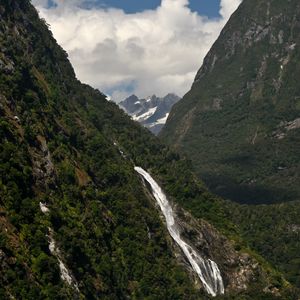 Preview wallpaper mountains, trees, waterfall, clouds