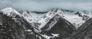 Preview wallpaper mountains, trees, winter, snow, clouds