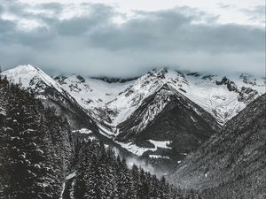 Preview wallpaper mountains, trees, winter, snow, clouds