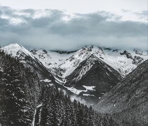 Preview wallpaper mountains, trees, winter, snow, clouds