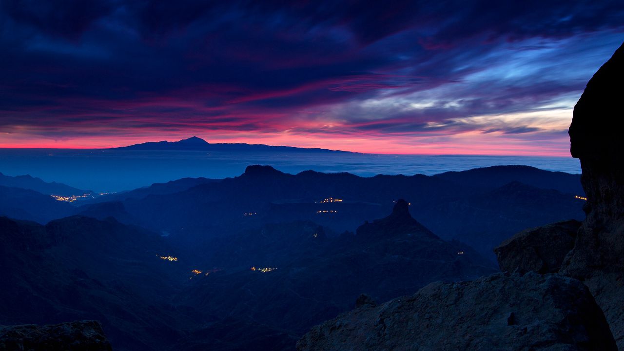 Wallpaper mountains, twilight, sky, clouds, fires, distance, darkness