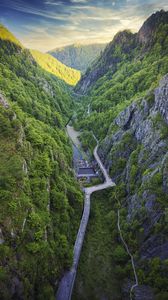 Preview wallpaper mountains, valley, aerial view, road, river