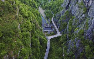 Preview wallpaper mountains, valley, aerial view, road, river