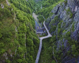 Preview wallpaper mountains, valley, aerial view, road, river